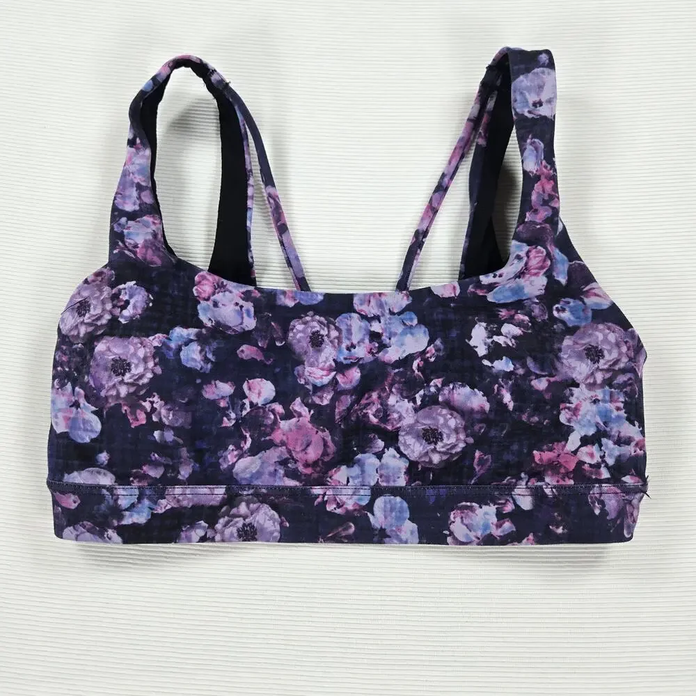 Athleta Exhale Printed Purple Strappy Floral Sports Bra Women's Size‎ Small